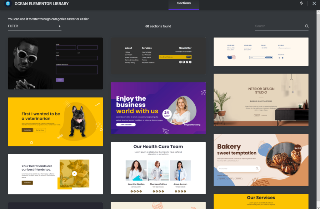 aperçu de la toute nouvelle bibliothèque de sections Elementor prédéfinies OceanWP