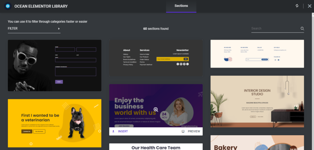 aperçu sur la façon d'importer de nouvelles sections OceanWP Elementor