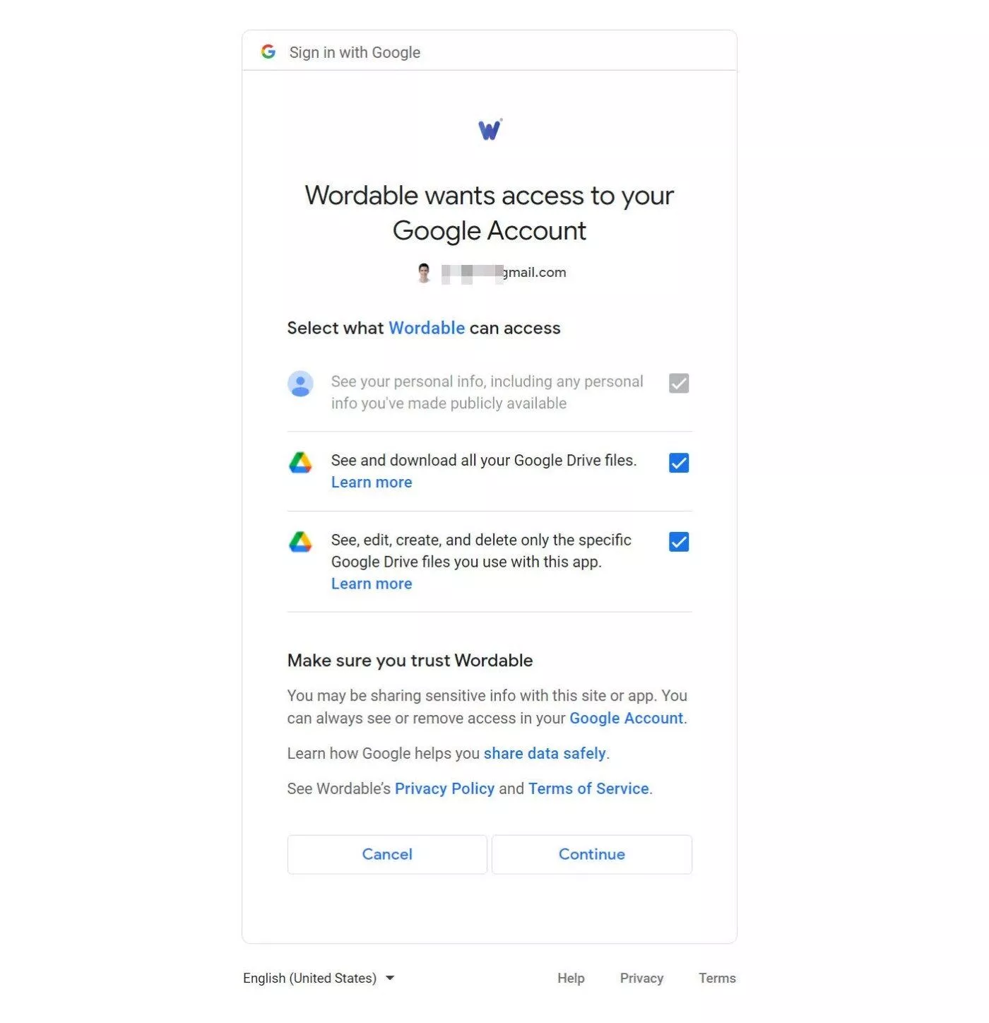 Verificare promptă de autentificare Google pentru a oferi acces Wordable