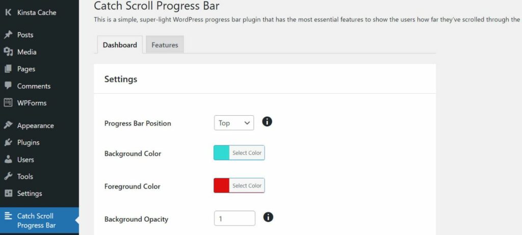 El área de configuración del complemento Catch Scroll Progress Bar.