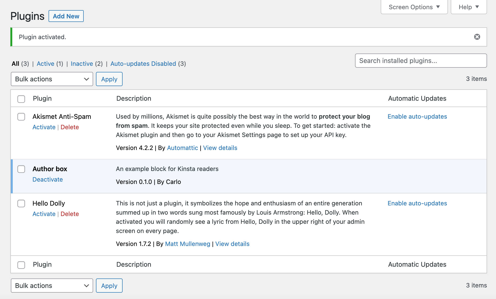 Plugin blok terdaftar di layar Plugin.