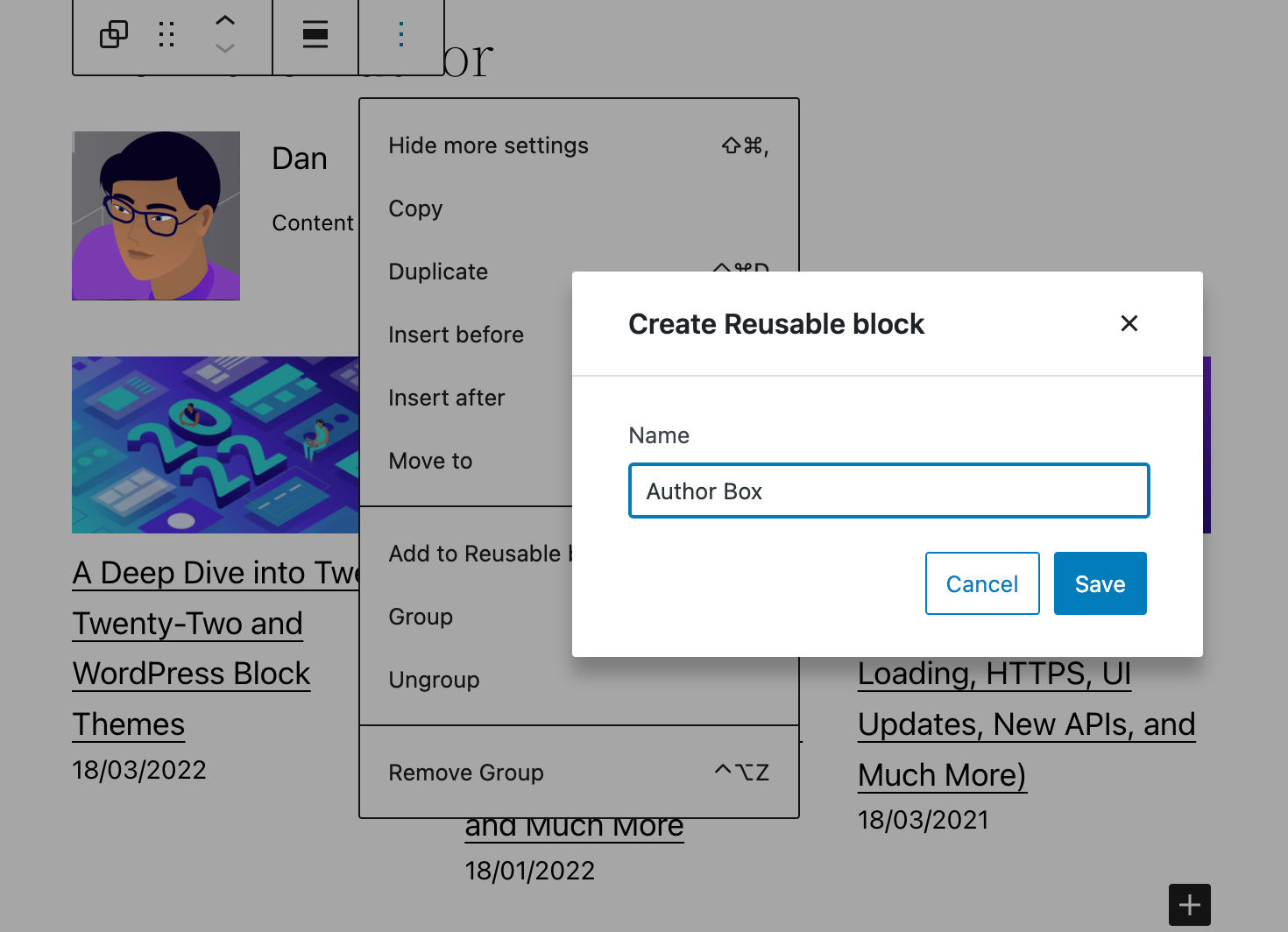 再利用可能なブロックへのグループ ブロックの追加