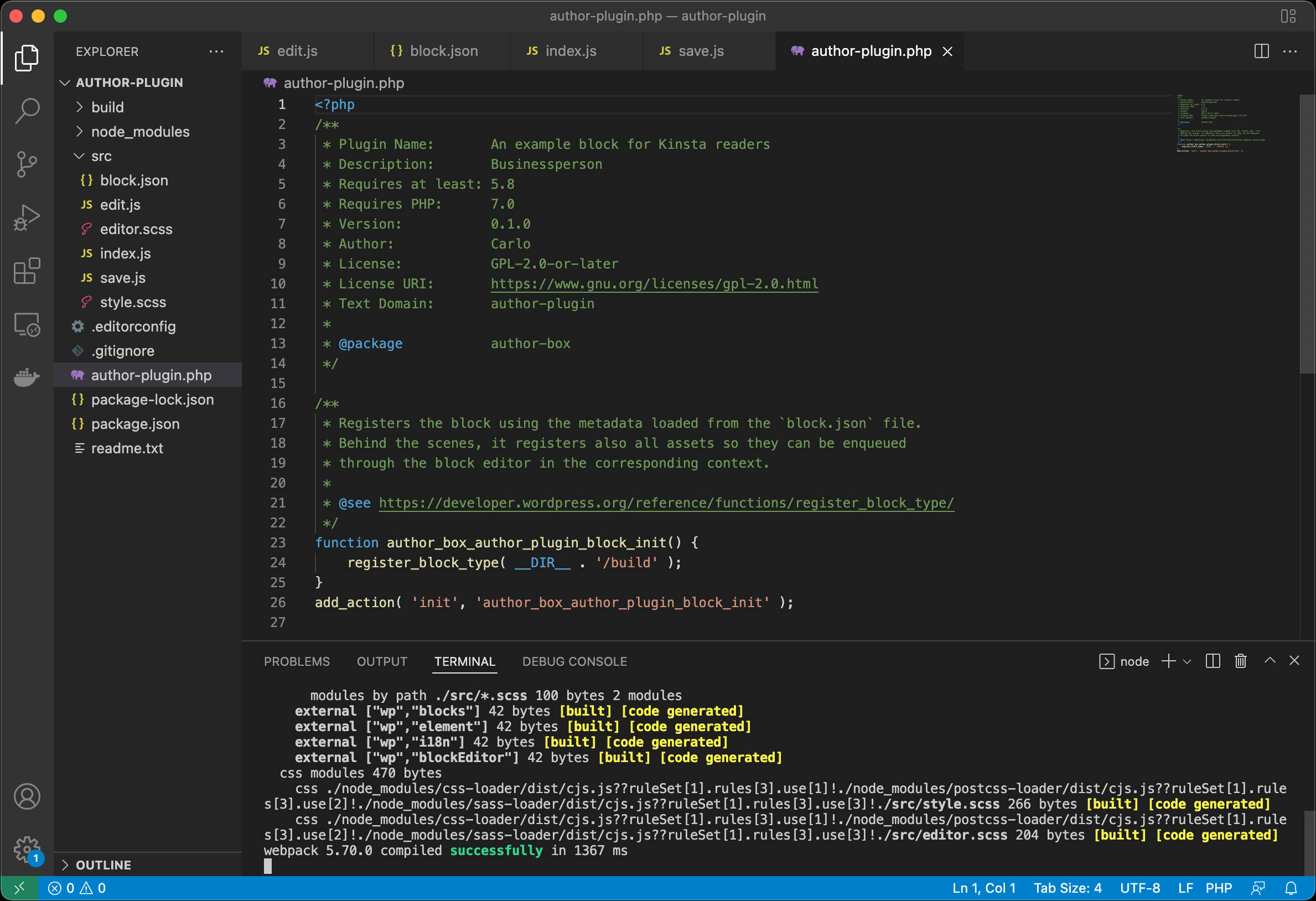 Proiectul bloc plugin în Visual Studio Code.