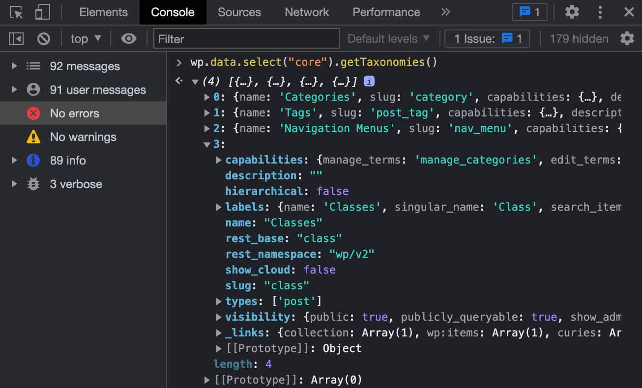 getTaxonomies yanıtı inceleniyor.