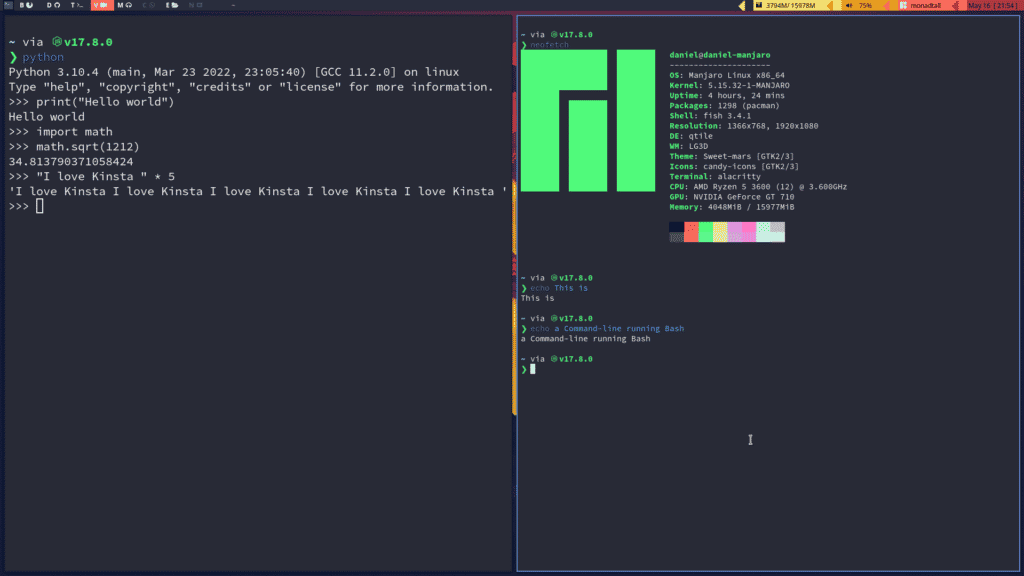 Los shells de Python y Bash se abrieron en dos CLI diferentes mostrando el resultado de los comandos print y neofetch.