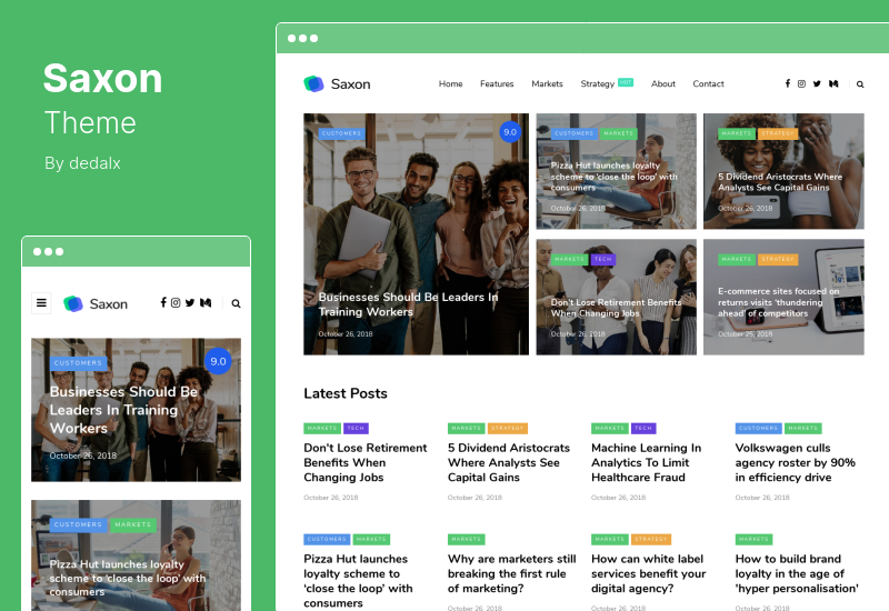 Saxon のテーマ - バイラル コンテンツのブログと雑誌のマーケティングの WordPress のテーマ