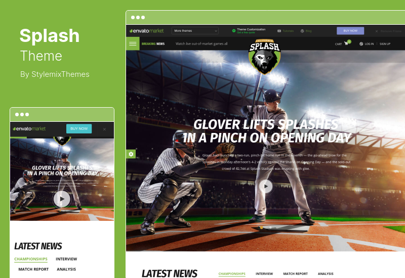 Splash Theme - ธีมสปอร์ตคลับ WordPress สำหรับบาสเก็ตบอล, ฟุตบอล, ฮอกกี้