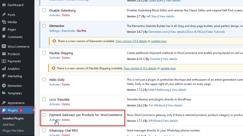 editar gateways de pagamento no WooCommerce - ativar plugins