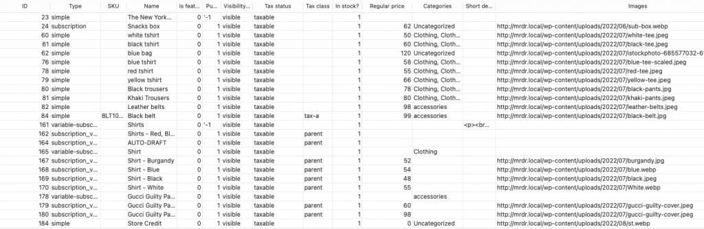 exemples de valeurs csv de produit