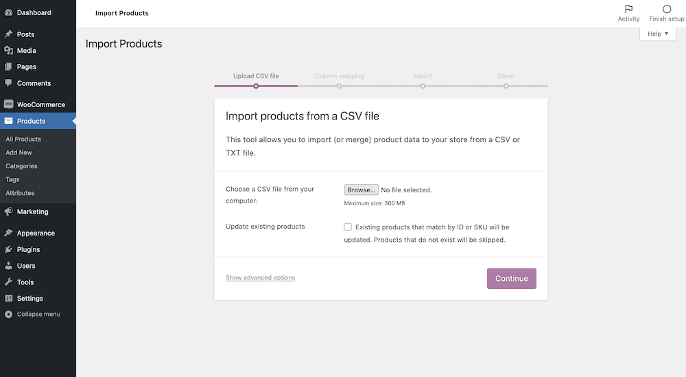 ローカル コンピューターから CSV ファイルを選択するためのボタンと、既存の製品を更新するためのチェックボックスが表示されている WooCommerce の製品のインポート画面。