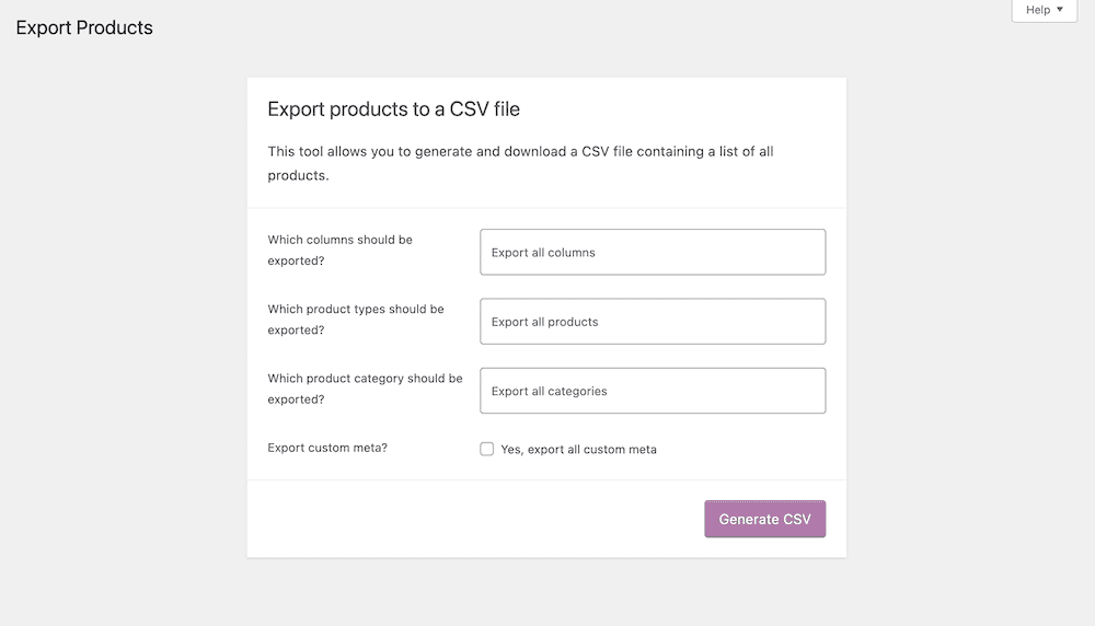 [製品のエクスポート] ダイアログ。エクスポートする列を選択する 3 つのオプションと [CSV の生成] ボタンが表示されます。