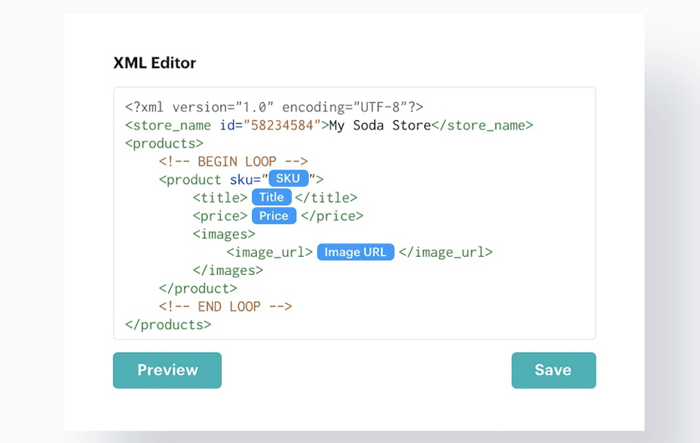 WP All Import プラグインのスキーマ エディター。コード内のユーザー定義の値とパラメーターと共に XML コードを表示します。