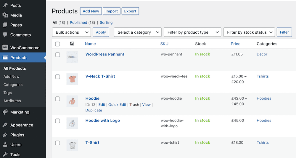 製品と対応するデータ フィールドのリストを表示する WooCommerce の管理パネル。