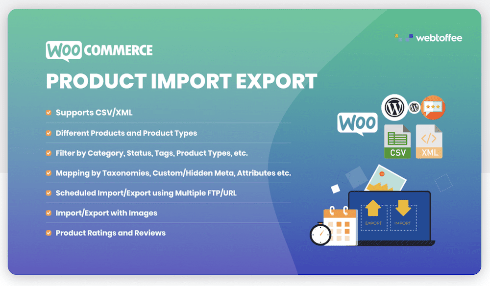 主な機能の一部を一覧表示し、WooCommerce ロゴを含む Product Import Export プラグインの緑青のパネル。