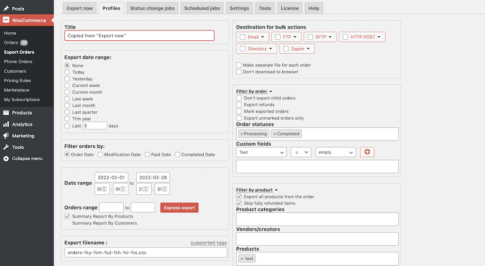 WordPress 内のエクスポート データ範囲、一括アクション設定、フィルター設定などを表示する完全なプロファイル画面。