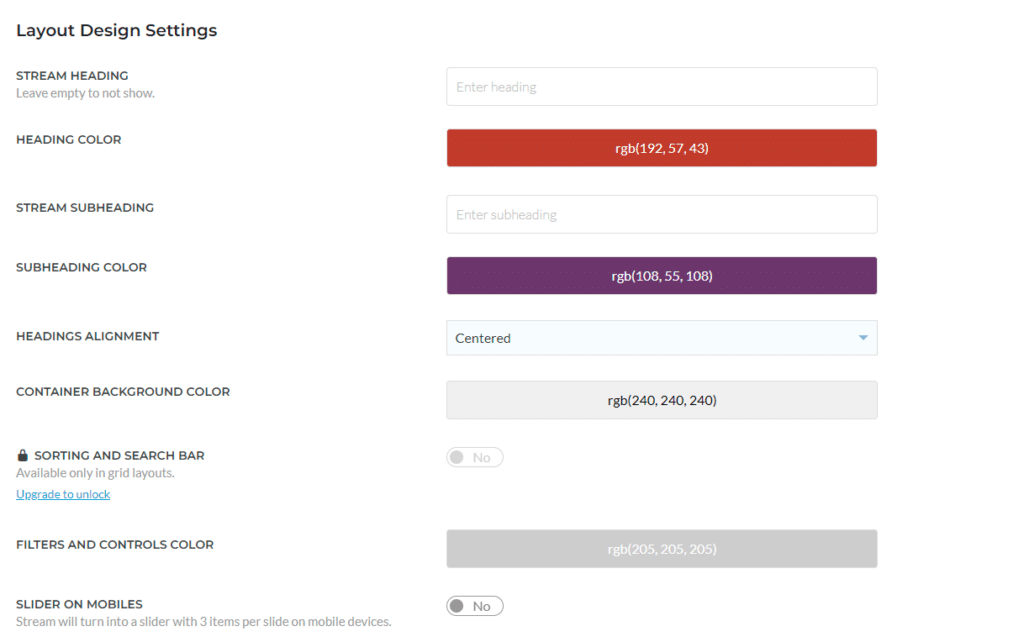 Options de mise en page et de style du flux de flux social Flow-Flow