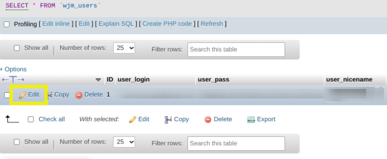تحرير مستخدم في قاعدة بيانات WordPress