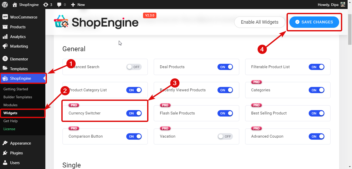 activați widgetul de comutare a monedei WooCommerce de către ShopEngine element sau comutatorul de monede