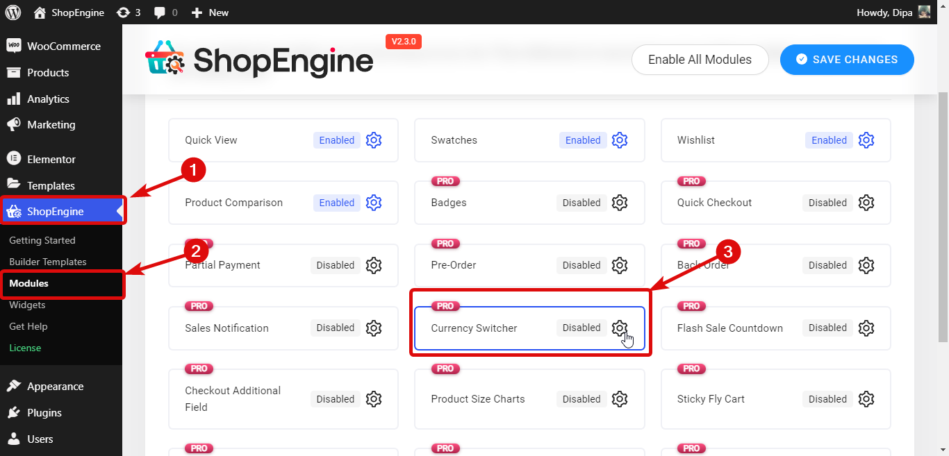 เปิดโมดูลตัวสลับสกุลเงิน WooCommerce โดย ShopEngine