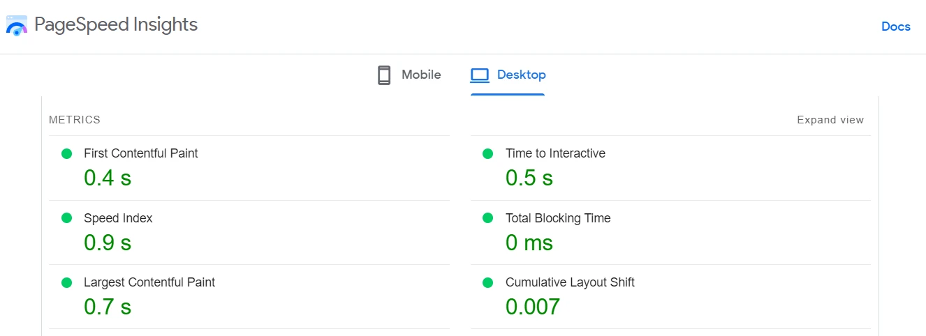 Core Web Vitals 指標の緑のスコア