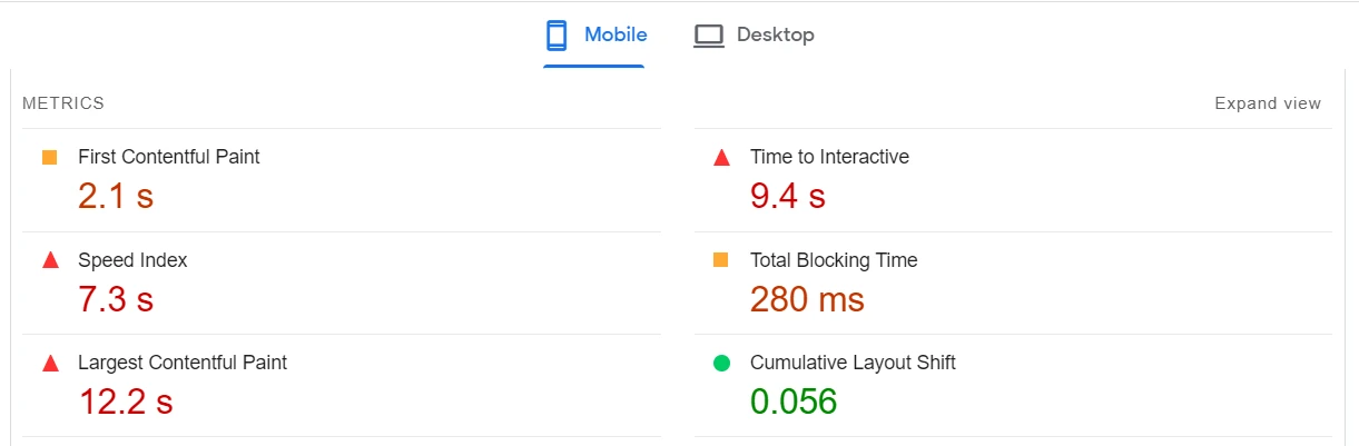 คะแนน Core Web Vitals แย่ใน PageSpeed ​​Insights