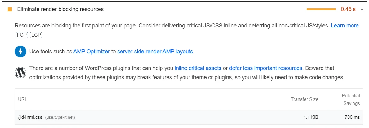 在 PageSpeed Insights 中消除渲染阻塞资源的建议。