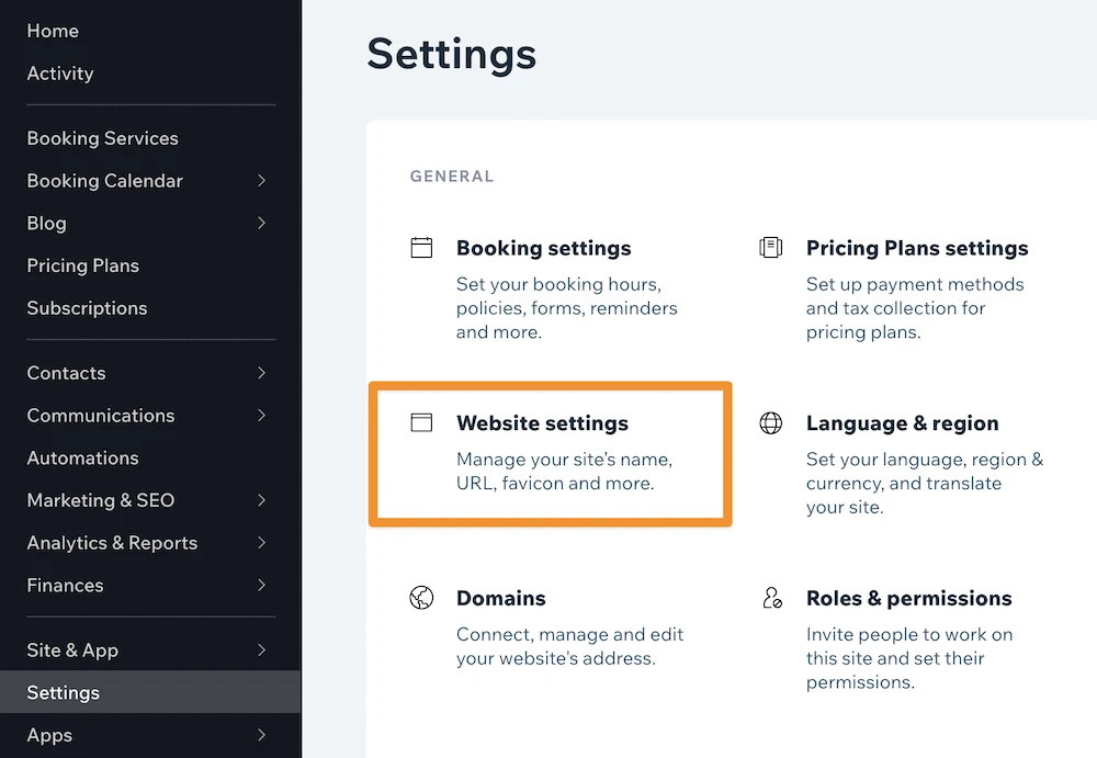 A tela Configurações do Wix, mostrando uma opção de Configurações do site destacada.