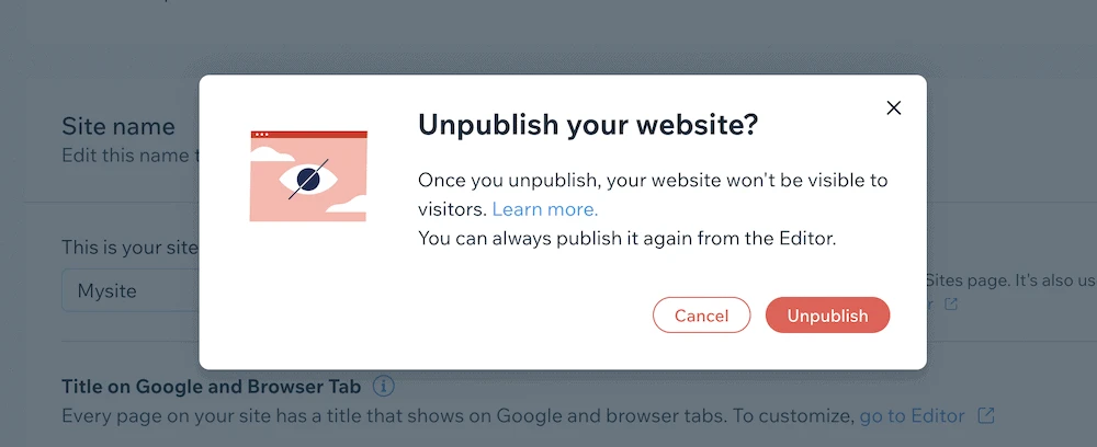 Une boîte de dialogue contextuelle vous demandant de confirmer que vous souhaitez annuler la publication de votre site Wix.