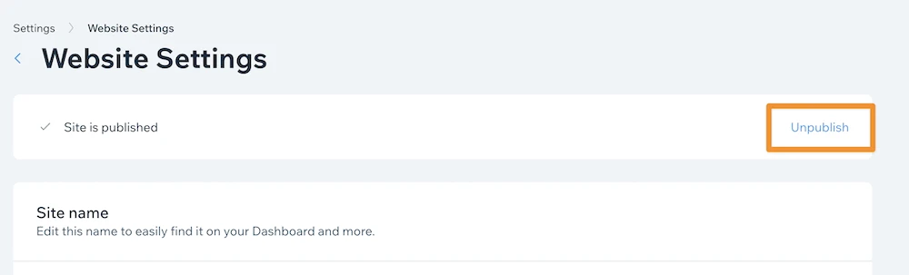 Il link all'interno delle Impostazioni del sito web per annullare la pubblicazione di un sito Wix.