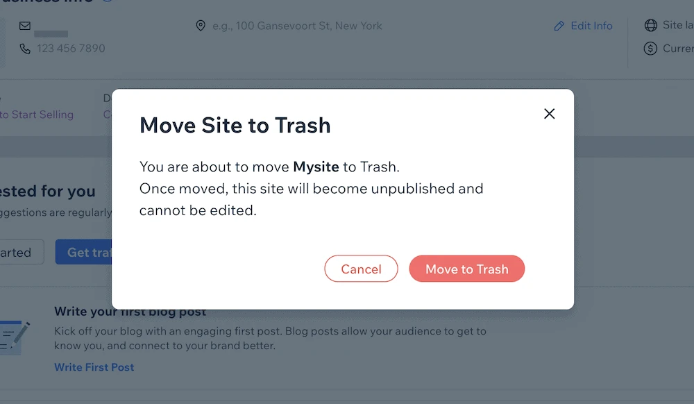 Dialog Wix meminta konfirmasi bahwa Anda ingin memindahkan situs ke tempat sampah.