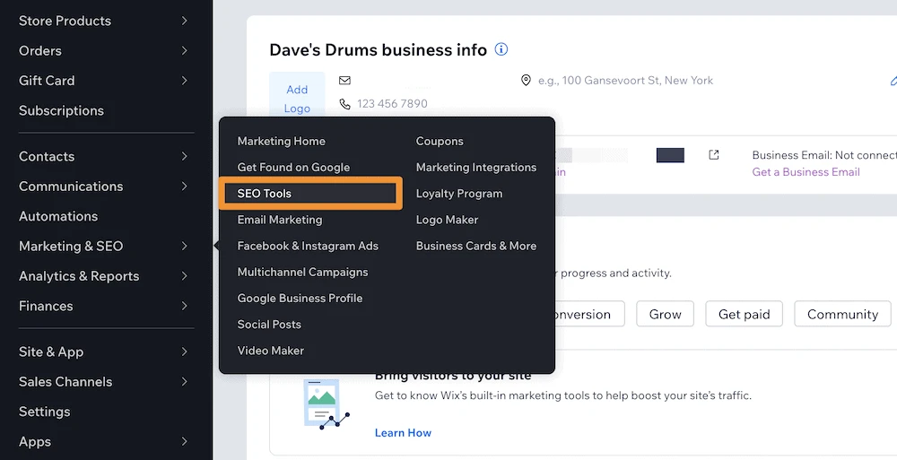 Submenu dasbor Wix untuk berbagai alat pemasaran dan SEO yang ditawarkannya.