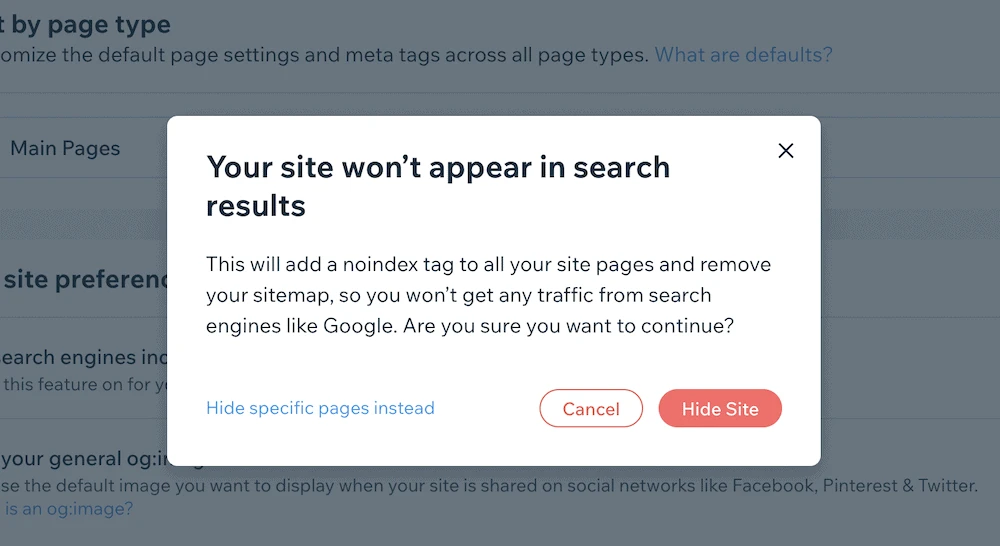 Диалоговое окно «Скрыть сайт» в Wix.