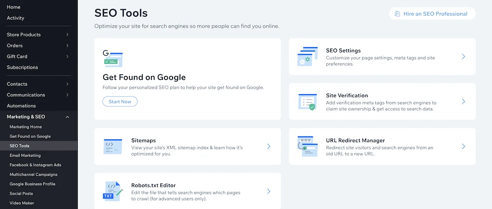 Wix içindeki SEO Araçları sayfası.