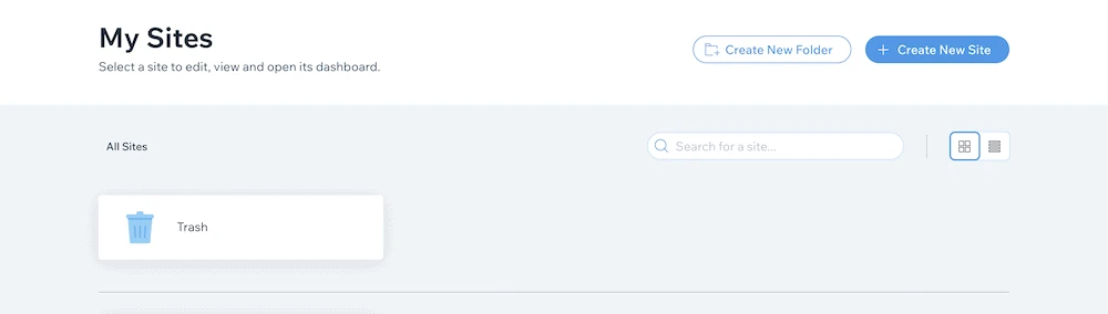 Wix içindeki Sitelerim sayfası, bir Çöp Kutusu klasörünü gösterir.