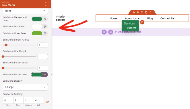 Configurações avançadas de submenu