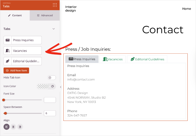 Configurações do bloco de guias