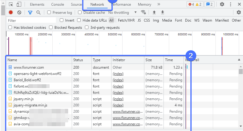 Registerkarte „Netzwerk“ im Menü „Entwickler“.