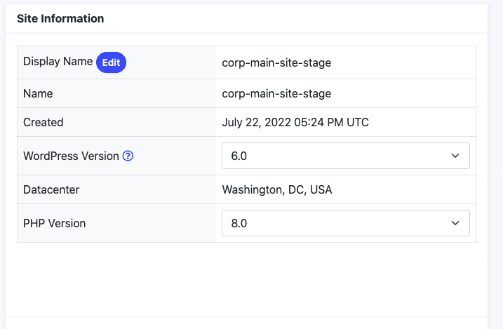 Finestra di visualizzazione delle informazioni sul sito mostrata per i test di compatibilità prima di passare alla nuova versione di WordPress