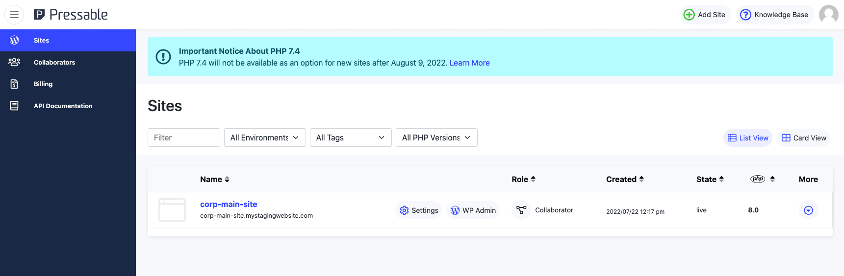 Dashboard del sito pressabile per la creazione di un ambiente di staging