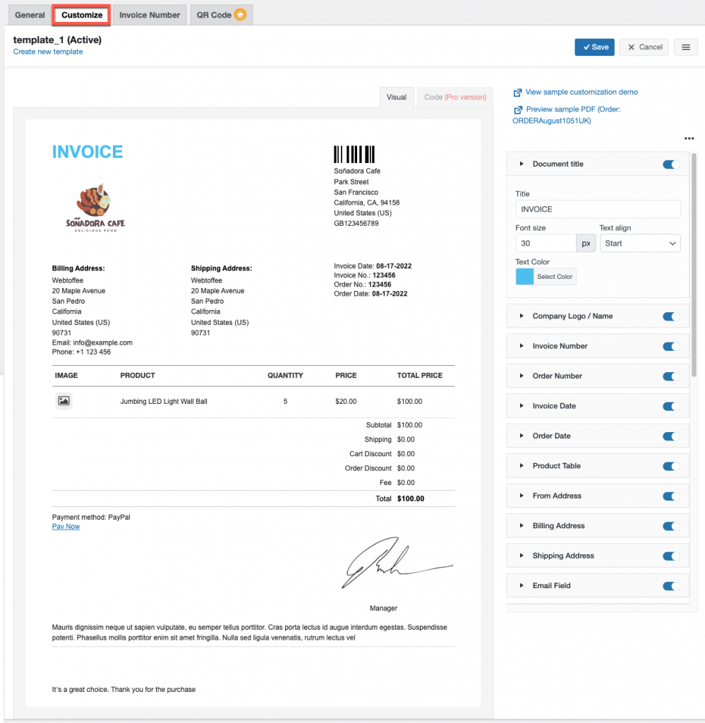 Personnaliser l'onglet de la mise en page de la facture dans woocommerce