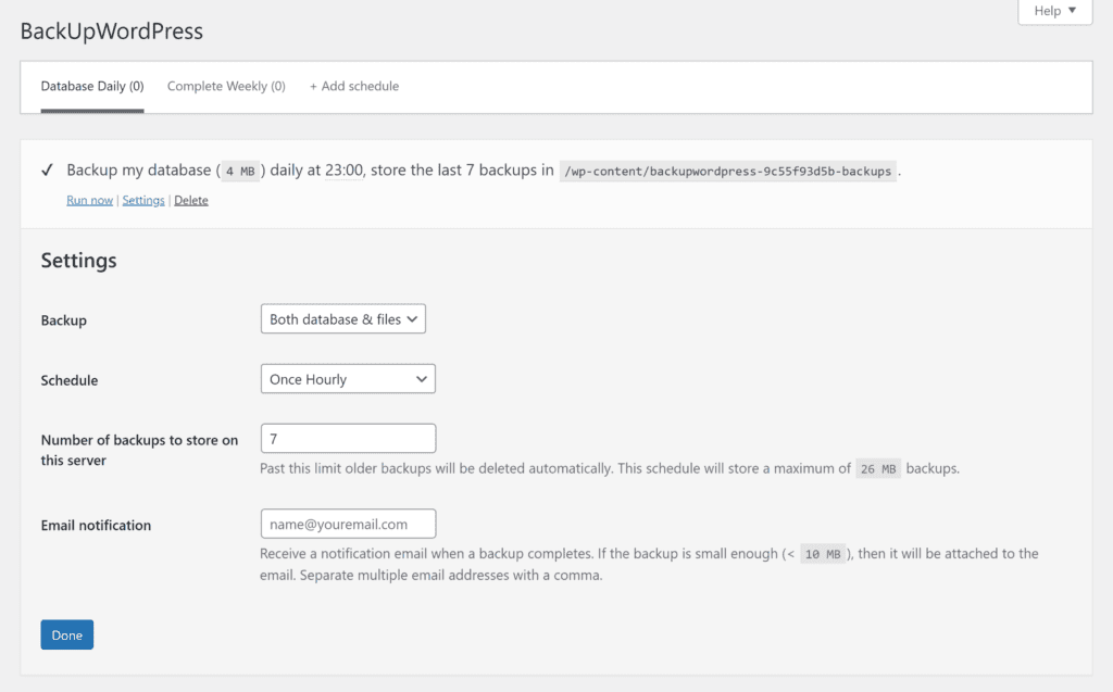 BackUpWordPress Schedule Settings