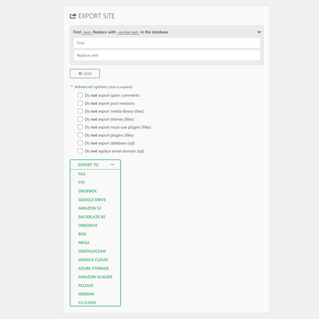 Configuración de exportación de migración de WP todo en uno