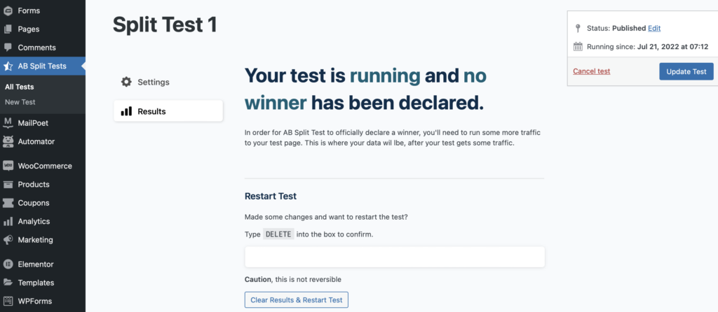 Schermata dei risultati del test diviso AB