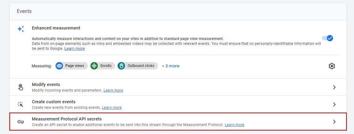 Selectați Measurement Protocol API Secrets