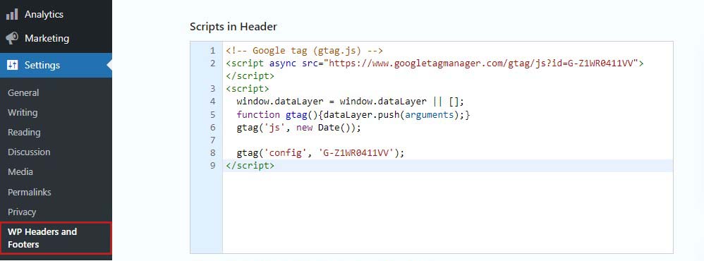 머리글 및 바닥글 플러그인을 사용하여 WordPress에 Google Analytics 추적 코드 추가