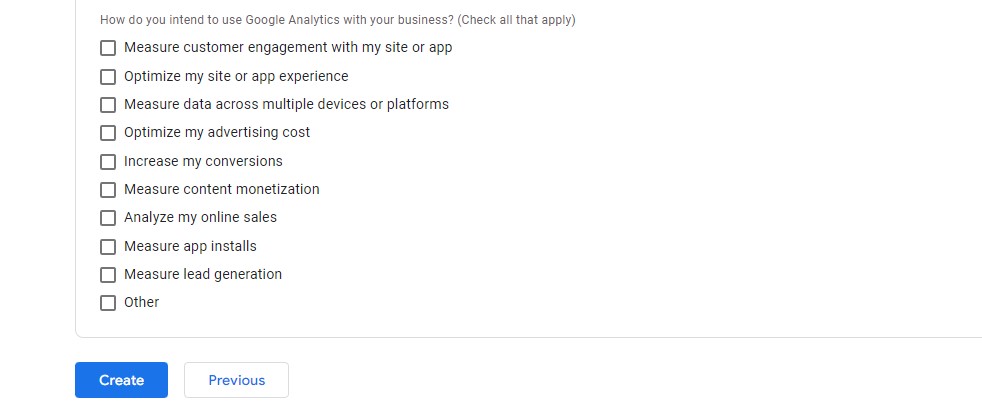 Seleccione la intención de utilizar Google Analytics