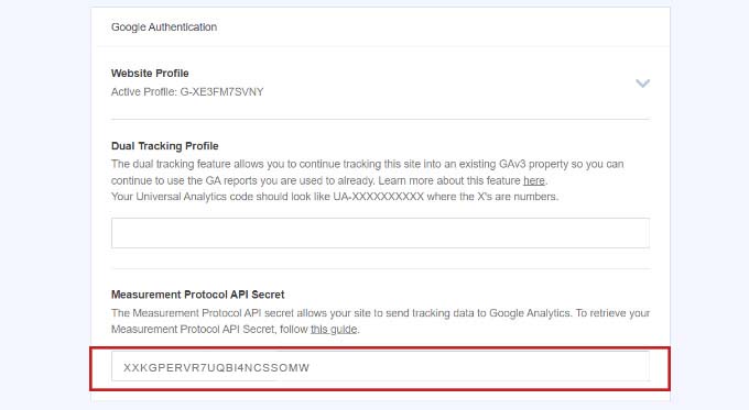 Ingrese el secreto de la API del protocolo de medición en MonsterInsights