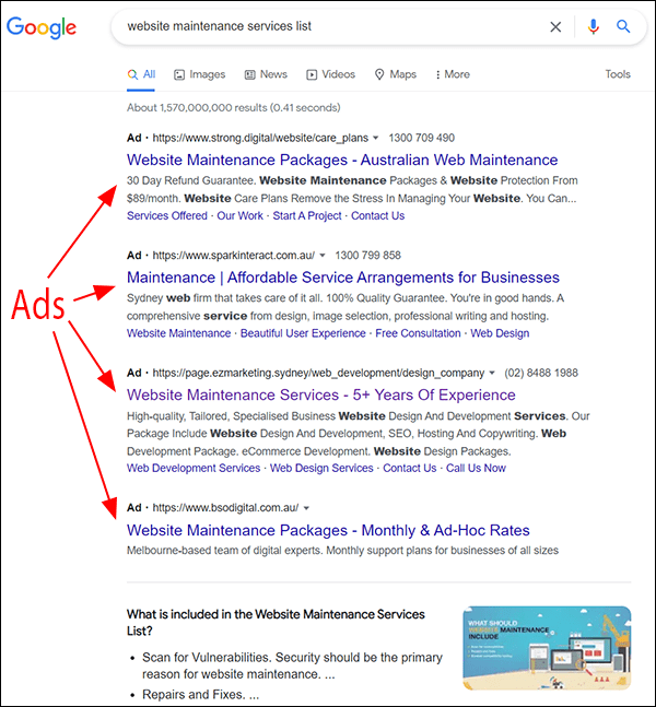 Résultats de recherche Google - liste des services de maintenance de site Web