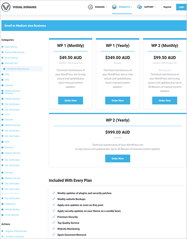 Capture d'écran de la page des services de maintenance du site Web VisualDomains.com.au.