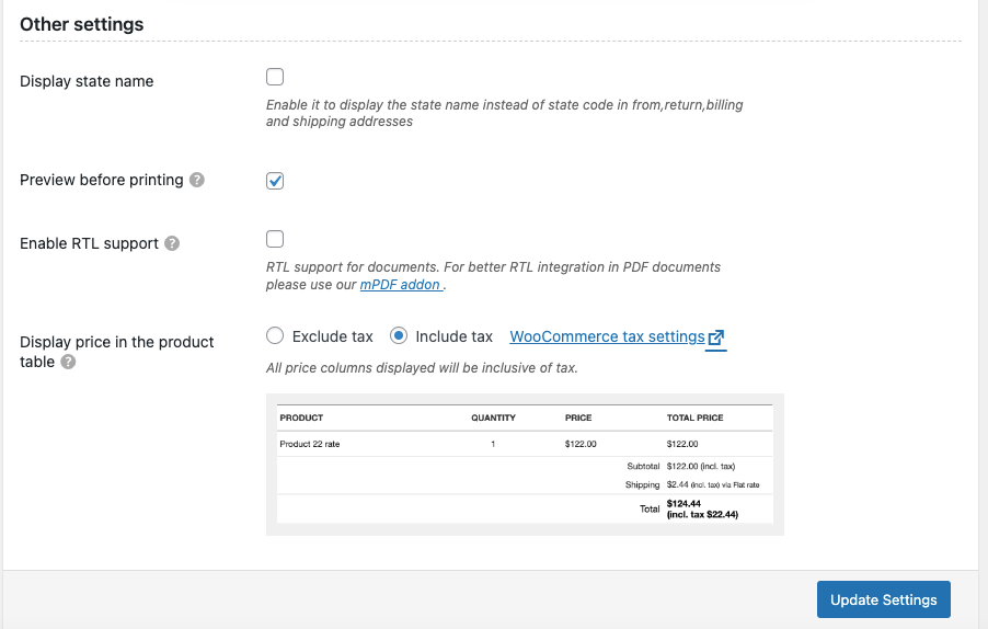 Plugin de facture PDF Woocommerce autres paramètres